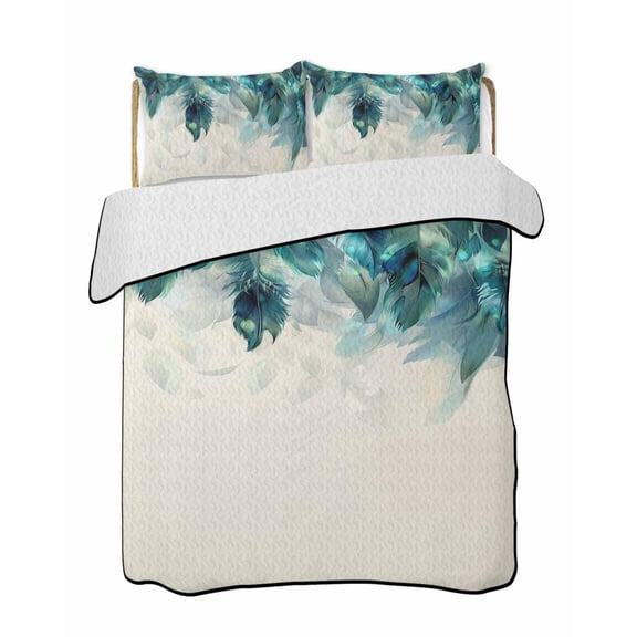 Quilts Twin Size, Turquoise Feather Soft Comforter Bedding Set for Bed, Farmhouse Rustic Modern Beige Lightweight Quilted Bedspread with Pillow Cover(2 Pieces) for All Season, 68x86 Inch