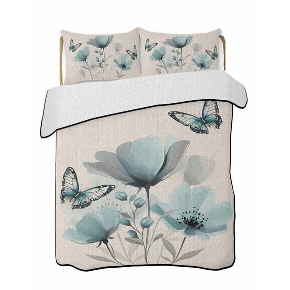 Quilts Twin Size, Turquoise Floral Soft Comforter Bedding Set for Bed, Spring Pastoral Flowers Butterfly Beige Lightweight Quilted Bedspread with Pillow Cover(2 Pieces) for All Season, 68x86 Inch