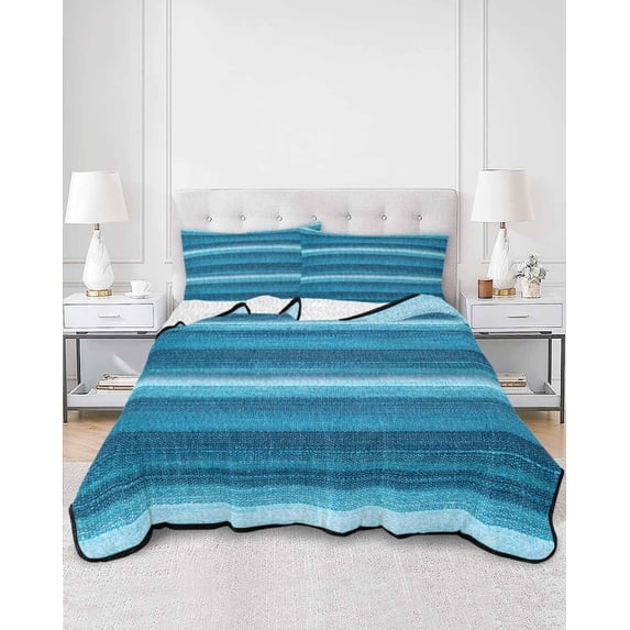 Quilts Twin Size, Turquoise Teal Ombre Soft Comforter Bedding Set for Bed, Farmhouse Modern Abstract Striped Lightweight Quilted Bedspread with Pillow Cover(2 Pieces) for All Season, 68x86 Inch