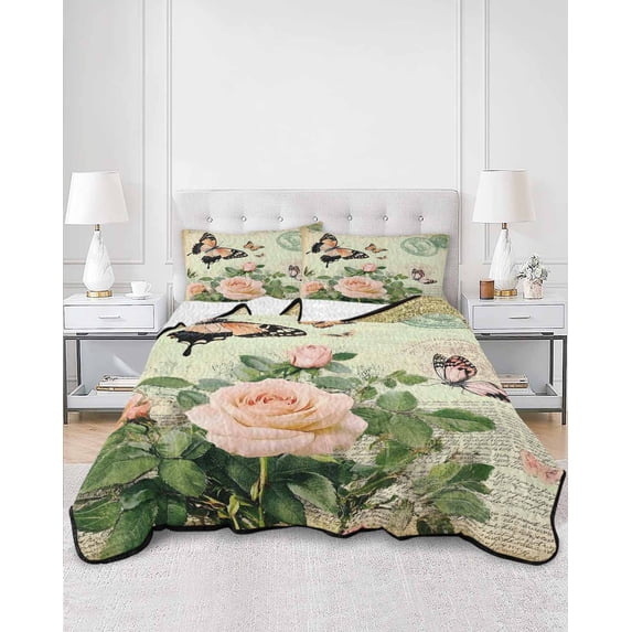 Quilts Twin Size, Vintage Butterfly Roses Soft Comforter Bedding Set for Bed, Spring Botanical Floral Lightweight Quilted Bedspread with Pillow Cover(2 Pieces) for All Season, 68x86 Inch