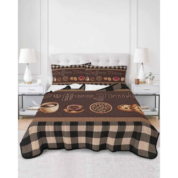 Quilts Twin Size, Vintage Coffee Time Soft Comforter Bedding Set for Bed, Farmhouse Desserts Black White Plaid Lightweight Quilted Bedspread with Pillow Cover(2 Pieces) for All Season, 68x86 Inch