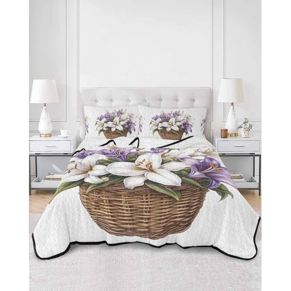 Quilts Twin Size, White Spring Floral Soft Comforter Bedding Set for Bed, Lavender Botanical Art Summer Lightweight Quilted Bedspread with Pillow Cover(2 Pieces) for All Season, 68x86 Inch