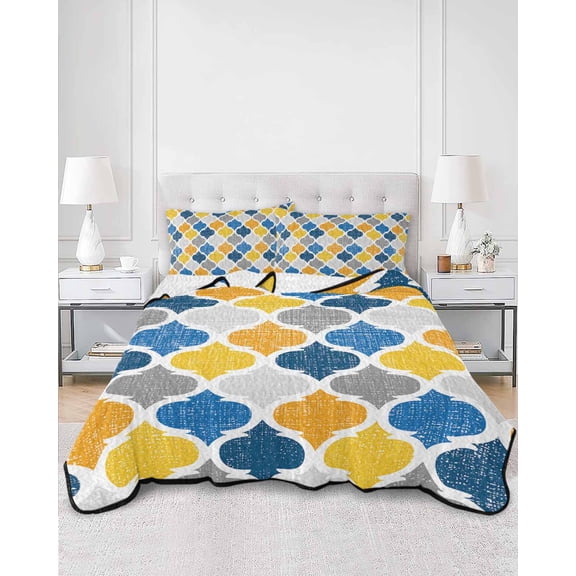 Quilts Twin Size, Yellow Blue Morocco Pattern Soft Comforter Bedding Set for Bed, Modern Moroccan Geometric Lightweight Quilted Bedspread with Pillow Cover(2 Pieces) for All Season, 68x86 Inch