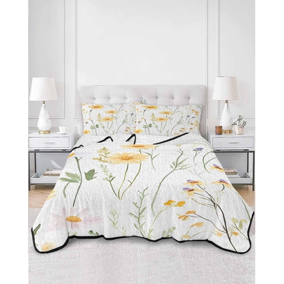 Quilts Twin Size, Yellow Daisy Floral Soft Comforter Bedding Set for Bed, Spring Rustic Botanical Flowers Lightweight Quilted Bedspread with Pillow Cover(2 Pieces) for All Season, 68x86 Inch