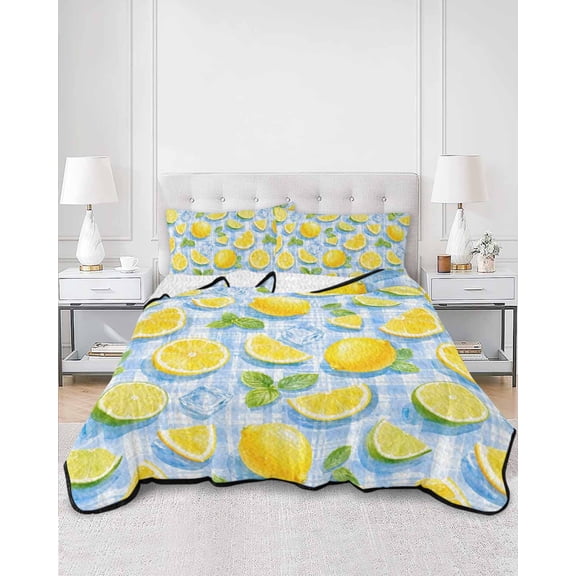 Quilts Twin Size, Yellow Lemons Soft Comforter Bedding Set for Bed, Summer Botanical Farmhouse Art Lightweight Quilted Bedspread with Pillow Cover(2 Pieces) for All Season, 68x86 Inch