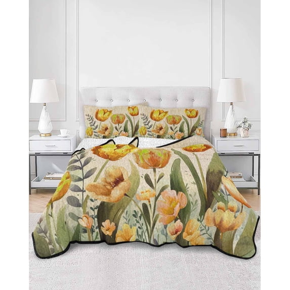 Quilts Twin Size, Yellow Orange Spring Floral Soft Comforter Bedding Set for Bed, Summer Botanical Tulip Vintage Lightweight Quilted Bedspread with Pillow Cover(2 Pieces) for All Season, 68x86 Inch