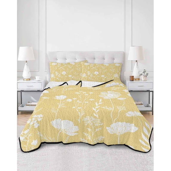 Quilts Twin Size, Yellow Wildflowers Soft Comforter Bedding Set for Bed, Farmhouse Floral Botanical Leaves Lightweight Quilted Bedspread with Pillow Cover(2 Pieces) for All Season, 68x86 Inch