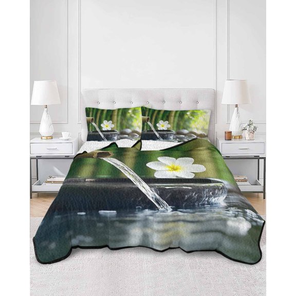 Quilts Twin Size, Zen Stones Water Flowing Soft Comforter Bedding Set for Bed, Floral Green Forest Lightweight Quilted Bedspread with Pillow Cover(2 Pieces) for All Season, 68x86 Inch