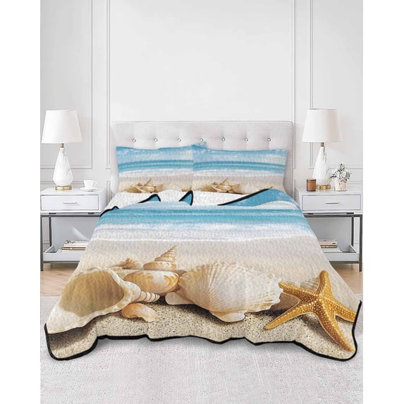 Quilts Twin XL Size, Beach Coastal Soft Comforter Bedding Set for Bed, Summer Nautical Seaside Starfish Shell Lightweight Quilted Bedspread with Pillow Cover(2 Pieces) for All Season, 68x98 Inch
