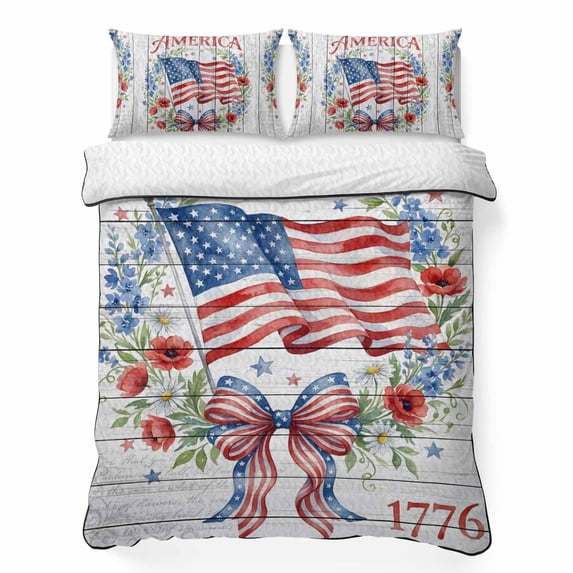 Quilts Twin XL Size Bedding Set, 4th of July Lightweight Quilted Comforter, Independence Day American Flag Flower Wood Grain Soft Bedspread Coverlet with Pillow Covers for All Season, 68" x 98"