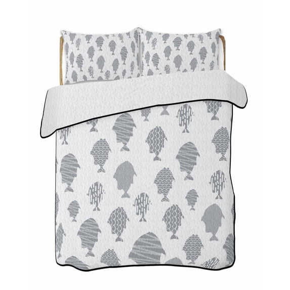 Quilts Twin-XL Size Bedding Set, Abstract Art Fish Grey Lightweight Quilted Comforter, Coastal Ocean Summer Soft Reversible Bedspread Coverlet with Pillow Covers for All Season, 68" x 98"