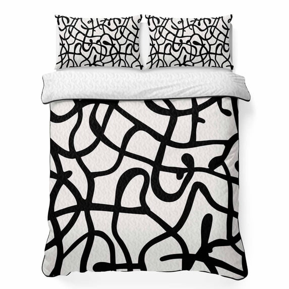 Quilts Twin XL Size Bedding Set, Abstract Black Lightweight Quilted Comforter, Bold Lines Modern Vines Swirls Graphic Soft Reversible Bedspread Coverlet with Pillow Covers for All Season, 68" x 98"
