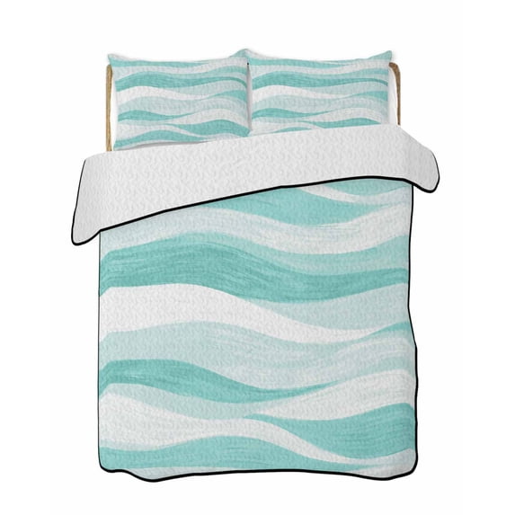 Quilts Twin-XL Size Bedding Set, Aqua Ombre Lightweight Quilted Comforter, Modern Moire Abstract Art Aesthetics Soft Reversible Bedspread Coverlet with Pillow Covers for All Season, 68" x 98"