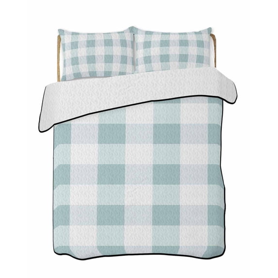 Quilts Twin-XL Size Bedding Set, Aqua Plaid Lightweight Quilted Comforter, Spring Summer Farmhouse Buffalo Checkered Soft Reversible Bedspread Coverlet with Pillow Covers for All Season, 68" x 98"