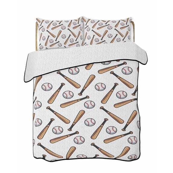 Quilts Twin-XL Size Bedding Set, Baseball Sport Lightweight Quilted Comforter, Cartoon Classic Baseball Pattern Soft Reversible Bedspread Coverlet with Pillow Covers for All Season, 68" x 98"