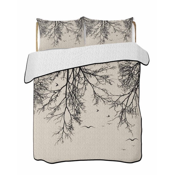 Quilts Twin-XL Size Bedding Set, Beige Black Branches Lightweight Quilted Comforter, Botanical Dead Tree Birds Soft Reversible Bedspread Coverlet with Pillow Covers for All Season, 68" x 98"