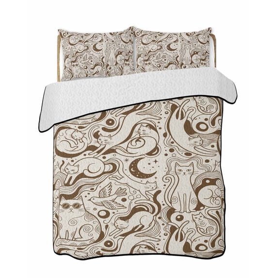 Quilts Twin-XL Size Bedding Set, Beige Cartoon Cats Lightweight Quilted Comforter, Modern Abstract Art Striped Cats Soft Reversible Bedspread Coverlet with Pillow Covers for All Season, 68" x 98"