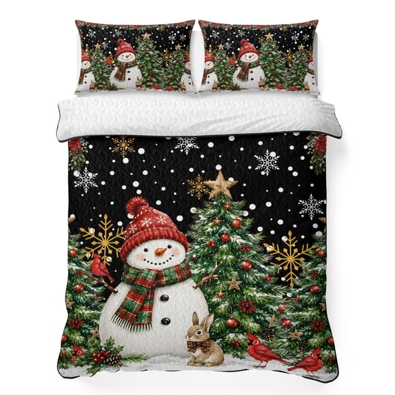 Quilts Twin XL Size Bedding Set, Black Christmas Lightweight Quilted Comforter, Xmas Trees Snowman Snowflake Winter Soft Reversible Bedspread Coverlet with Pillow Covers for All Season, 68" x 98"