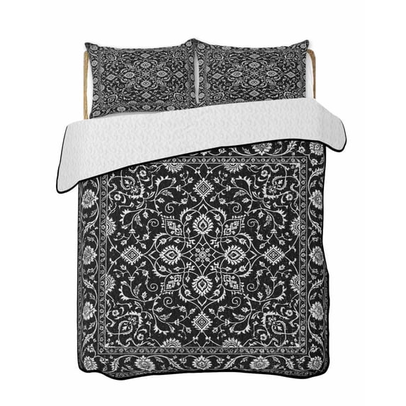 Quilts Twin-XL Size Bedding Set, Black Paisley Boho Lightweight Quilted Comforter, Abstract Art Floral Aesthetic Soft Reversible Bedspread Coverlet with Pillow Covers for All Season, 68" x 98"