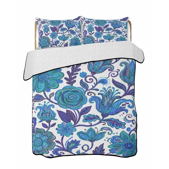 Quilts Twin-XL Size Bedding Set, Blue Boho Floral Lightweight Quilted Comforter, Abstract Art Paisley Flower Soft Reversible Bedspread Coverlet with Pillow Covers for All Season, 68" x 98"