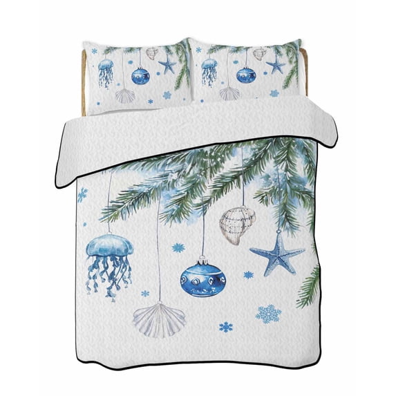 Quilts Twin-XL Size Bedding Set, Blue Coastal Christmas Lightweight Quilted Comforter, Xmas Ball Pine Starfish Shell Snowflake Soft Bedspread Coverlet with Pillow Covers for All Season, 68" x 98"