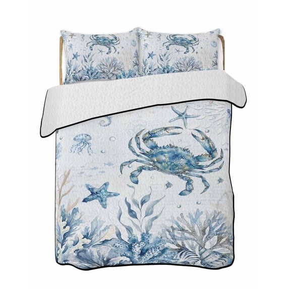 Quilts Twin-XL Size Bedding Set, Blue Coastal Crabs Lightweight Quilted Comforter, Summer Ocean Seahorse Coral Shells Soft Reversible Bedspread Coverlet with Pillow Covers for All Season, 68" x 98"