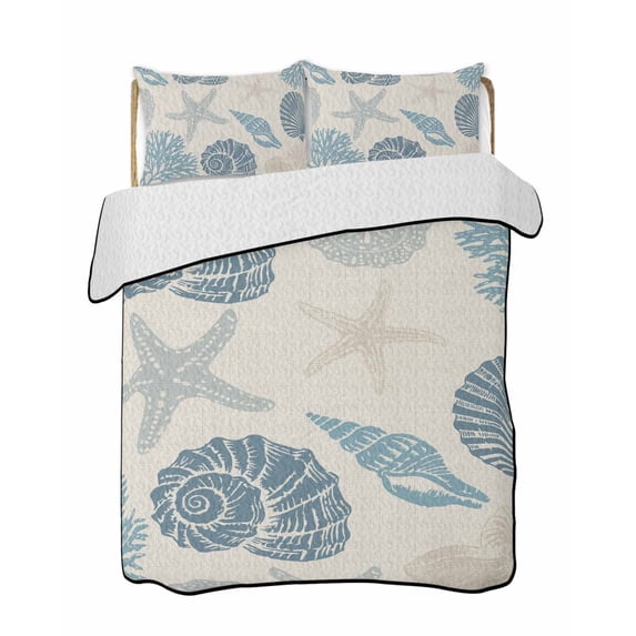 Quilts Twin-XL Size Bedding Set, Blue Coastal Lightweight Quilted Comforter, Shell Starfish Coral Nautical Summer Beach Rustic Soft Bedspread Coverlet with Pillow Covers for All Season, 68" x 98"