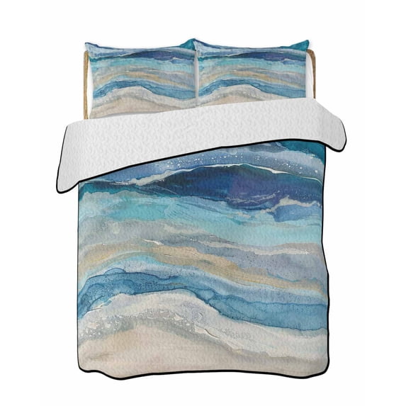 Quilts Twin-XL Size Bedding Set, Blue Coastal Lightweight Quilted Comforter, Summer Beach Nautical Abstract Art Soft Reversible Bedspread Coverlet with Pillow Covers for All Season, 68" x 98"