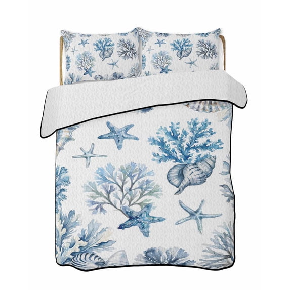 Quilts Twin-XL Size Bedding Set, Blue Coastal Lightweight Quilted Comforter, Summer Ocean Sea Corals Starfish Shells Soft Reversible Bedspread Coverlet with Pillow Covers for All Season, 68" x 98"