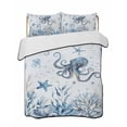 thumbnail image 1 of Quilts Twin-XL Size Bedding Set, Blue Coastal Octopus Lightweight Quilted Comforter, Summer Ocean Sea Coral Shells Texture Soft Bedspread Coverlet with Pillow Covers for All Season, 68" x 98", 1 of 7