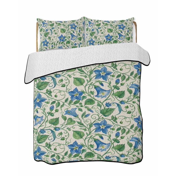 Quilts Twin-XL Size Bedding Set, Blue Green Botanical Lightweight Quilted Comforter, Spring Floral Summer Rustic Soft Reversible Bedspread Coverlet with Pillow Covers for All Season, 68" x 98"