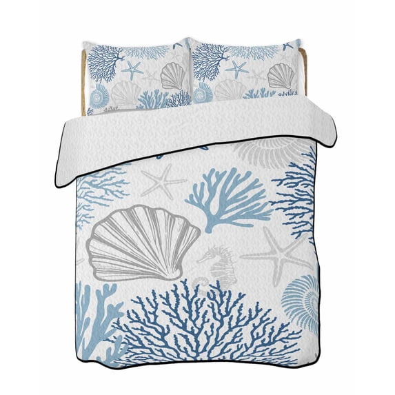 Quilts Twin-XL Size Bedding Set, Blue Grey Coastal Lightweight Quilted Comforter, Summer Beach Coral Shell Starfish Soft Reversible Bedspread Coverlet with Pillow Covers for All Season, 68" x 98"