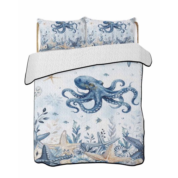 Quilts Twin-XL Size Bedding Set, Blue Octopus Coastal Lightweight Quilted Comforter, Beach Starfish Nautical Coral Ombre Reversible Bedspread Coverlet with Pillow Covers for All Season, 68" x 98"