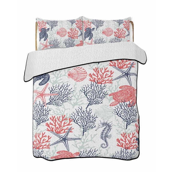 Quilts Twin-XL Size Bedding Set, Blue Red Coastal Lightweight Quilted Comforter, Sea Turtle Nautical Coral Summer Beach Soft Reversible Bedspread Coverlet with Pillow Covers for All Season, 68" x 98"