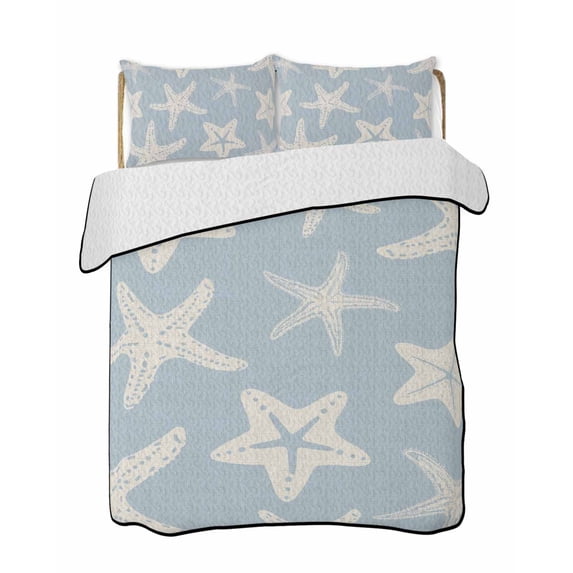 Quilts Twin-XL Size Bedding Set, Blue Starfish Coastal Lightweight Quilted Comforter, Nautical Summer Ocean Abstract Art Reversible Bedspread Coverlet with Pillow Covers for All Season, 68" x 98"