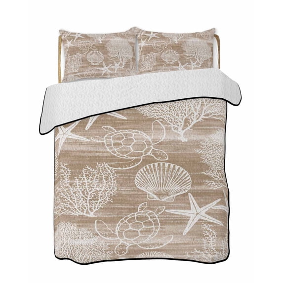 Quilts Twin-XL Size Bedding Set, Brown Coastal Lightweight Quilted Comforter, Nautical Coral Starfish Shell Turtle Summer Soft Bedspread Coverlet with Pillow Covers for All Season, 68" x 98"