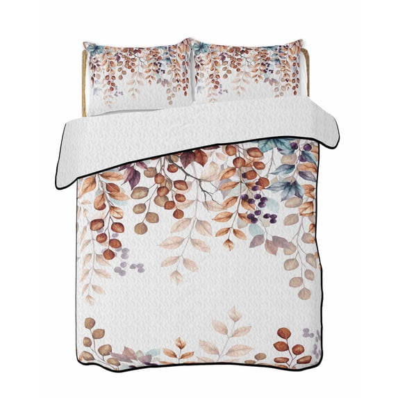 Quilts Twin-XL Size Bedding Set, Brown Eucalyptus Fall Lightweight Quilted Comforter, Botanical Weeping Leaves Pastoral Soft Reversible Bedspread Coverlet with Pillow Covers for All Season, 68" x 98"