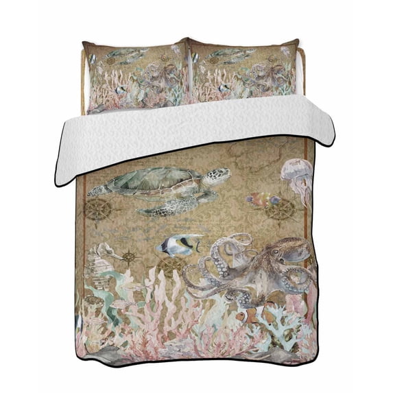 Quilts Twin-XL Size Bedding Set, Brown Turtle Coastal Lightweight Quilted Comforter, Vintage Nautical Summer Beach Coral Octopus Soft Bedspread Coverlet with Pillow Covers for All Season, 68" x 98"