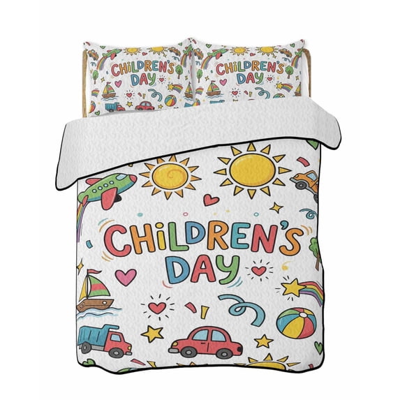 Quilts Twin-XL Size Bedding Set, Children's Day Lightweight Quilted Comforter, Car Tree Stars Modern Abstract Art Soft Reversible Bedspread Coverlet with Pillow Covers for All Season, 68" x 98"