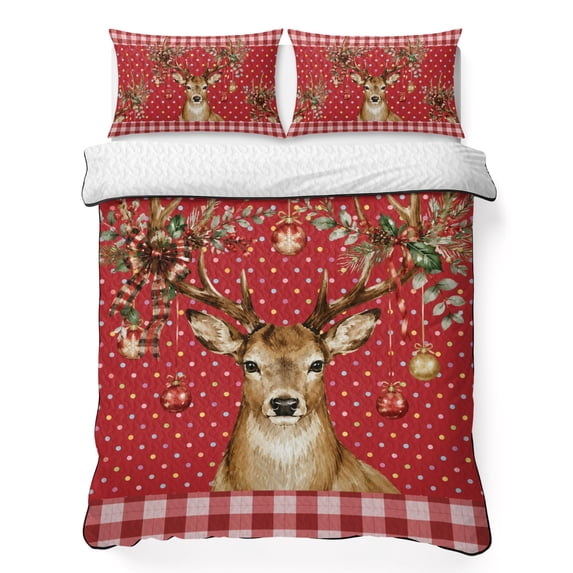 Quilts Twin XL Size Bedding Set, Christmas Elk Lightweight Quilted Comforter, Xmas Ball Botanical Red Checked Polka Dot Soft Reversible Bedspread Coverlet with Pillow Covers for All Season, 68" x 98"