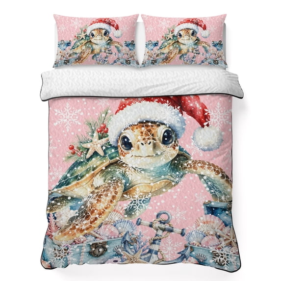 Quilts Twin XL Size Bedding Set, Christmas Sea Turtle Lightweight Quilted Comforter, Winter Snowflakes Coastal Nautical Pink Reversible Bedspread Coverlet with Pillow Covers for All Season, 68" x 98"