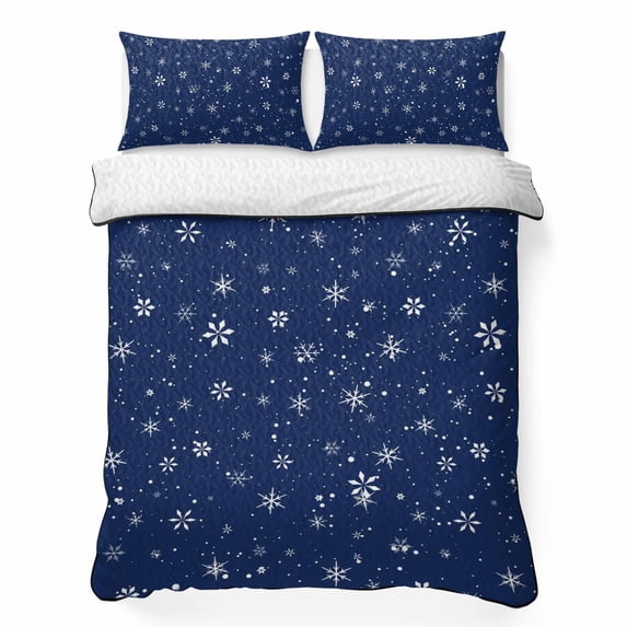 Quilts Twin XL Size Bedding Set, Christmas Snowflake Lightweight Quilted Comforter, Xmas Snowy Winter Farmhouse Dark Blue Reversible Bedspread Coverlet with Pillow Covers for All Season, 68" x 98"