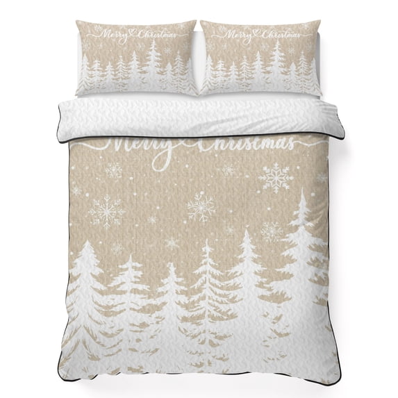 Quilts Twin XL Size Bedding Set, Christmas Trees Lightweight Quilted Comforter, Winter Xmas Snowflakes Pine Beige Brown Soft Reversible Bedspread Coverlet with Pillow Covers for All Season, 68" x 98"