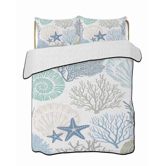 Quilts Twin-XL Size Bedding Set, Coastal Lightweight Quilted Comforter, Summer Beach Nautical Coral Starfish Soft Reversible Bedspread Coverlet with Pillow Covers for All Season, 68" x 98"
