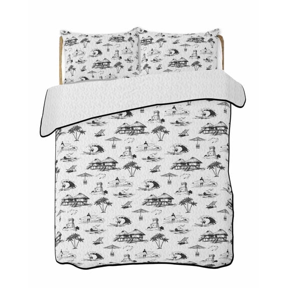 Quilts Twin-XL Size Bedding Set, Coastal Nautical Lightweight Quilted Comforter, Summer Ocean Beach Coconut Trees Grey Soft Reversible Bedspread Coverlet with Pillow Covers for All Season, 68" x 98"