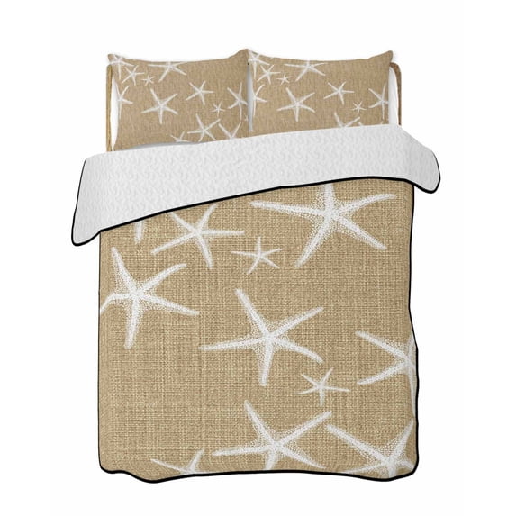 Quilts Twin-XL Size Bedding Set, Coastal Starfish Lightweight Quilted Comforter, Summer Beach Nautical Ocean Rustic Soft Reversible Bedspread Coverlet with Pillow Covers for All Season, 68" x 98"