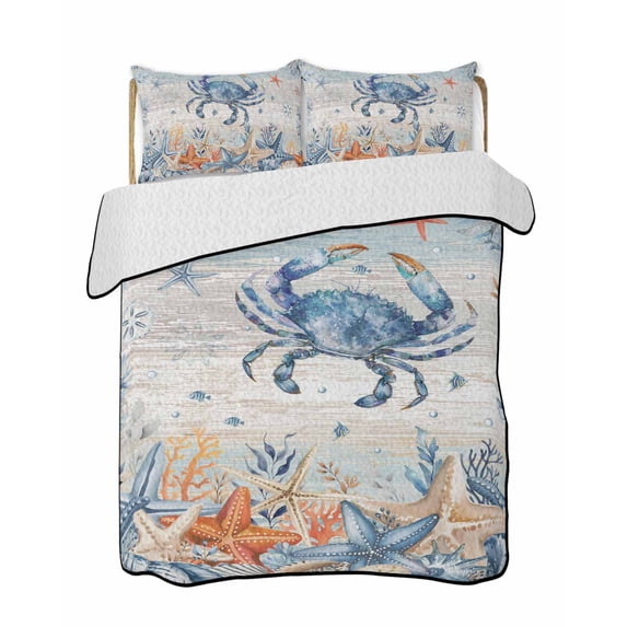 Quilts Twin-XL Size Bedding Set, Crab Coastal Lightweight Quilted Comforter, Summer Beach Coral Starfish Blue Grey Soft Reversible Bedspread Coverlet with Pillow Covers for All Season, 68" x 98"