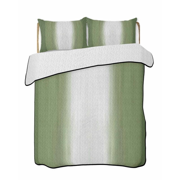 Quilts Twin-XL Size Bedding Set, Dark Green Striped Lightweight Quilted Comforter, Green White Ombre Farmhouse Gradient Soft Reversible Bedspread Coverlet with Pillow Covers for All Season, 68" x 98"