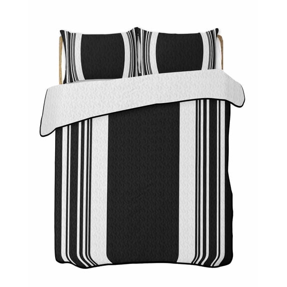 Quilts Twin-XL Size Bedding Set, Farmhouse Black Lightweight Quilted Comforter, Aesthetic Modern Line Striped Soft Reversible Bedspread Coverlet with Pillow Covers for All Season, 68" x 98"