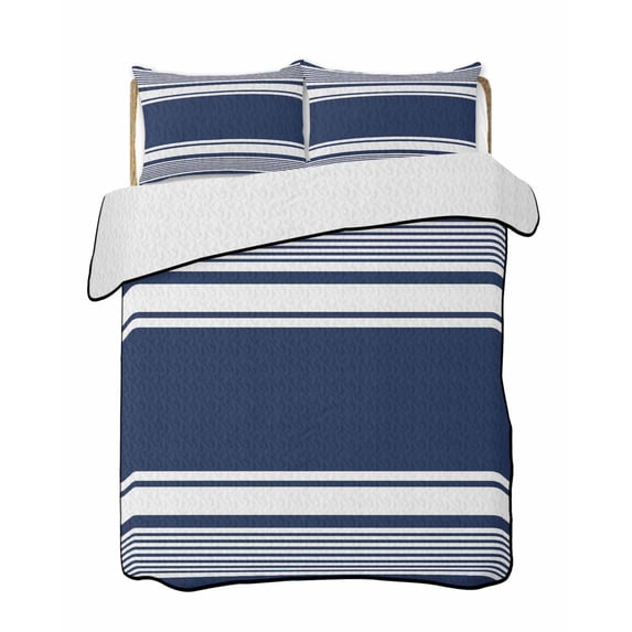 Quilts Twin-XL Size Bedding Set, Farmhouse Navy Blue Lightweight Quilted Comforter, Farmhouse Blue Line Striped Soft Reversible Bedspread Coverlet with Pillow Covers for All Season, 68" x 98"